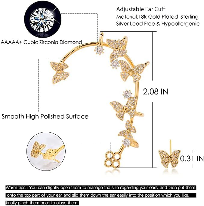 Vercret Gold Cuff Earrings for Women Cartilage Ear Cuff CZ Adjustable Ear Clip Wrap Around Earring No Piercing - Image 2